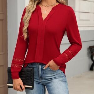 NWT Elegant Red V-neck long sleeve Women Top Small